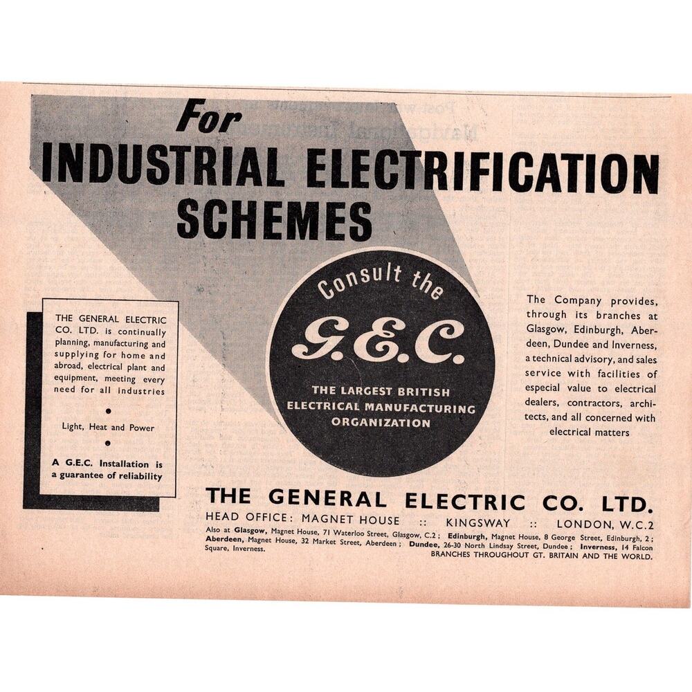 The General Electric Co Advertisement 1952 Vintage Manufacturing Scotland